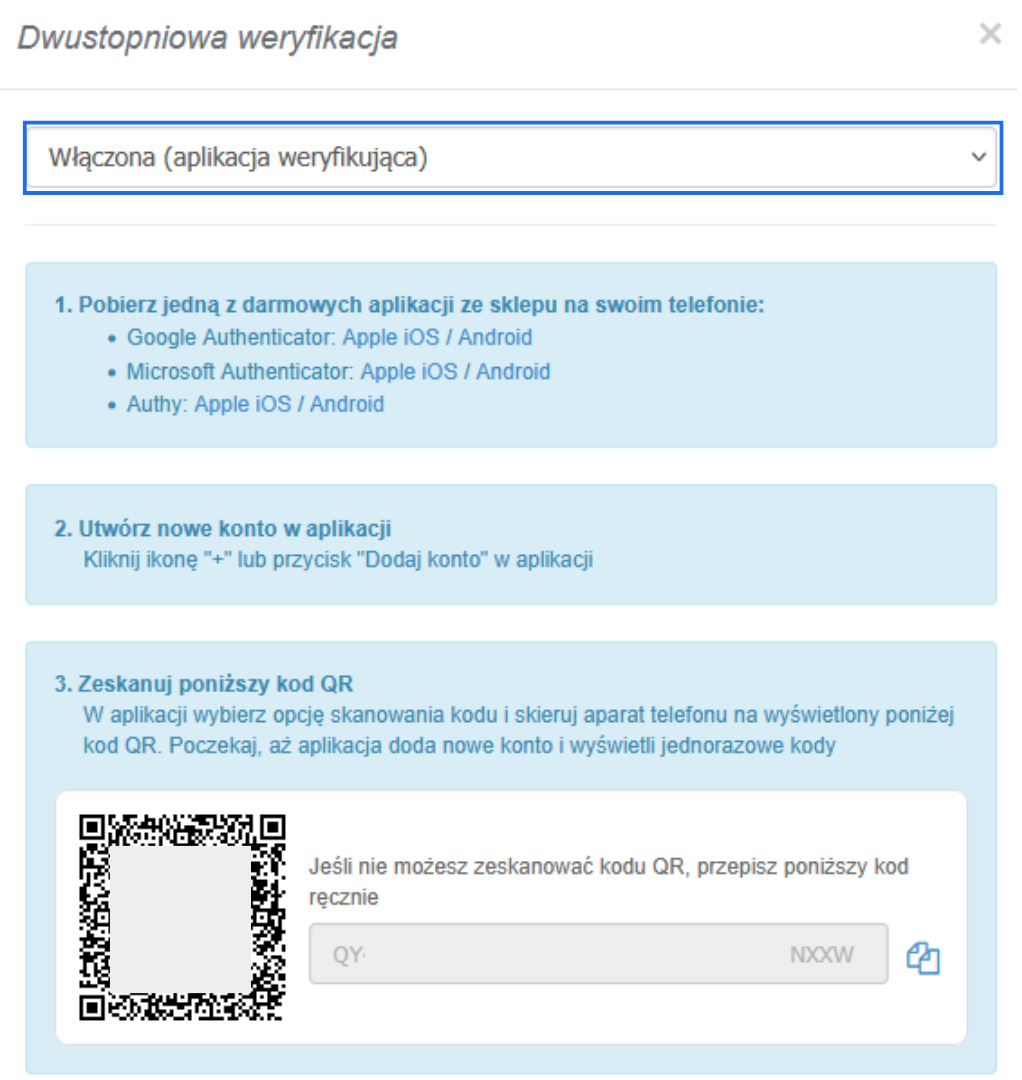 Formularz aktywacji dwustopniowej weryfikacji za pomocą aplikacji uwierzytelniającej ze szczegółową instrukcją konfiguracji.