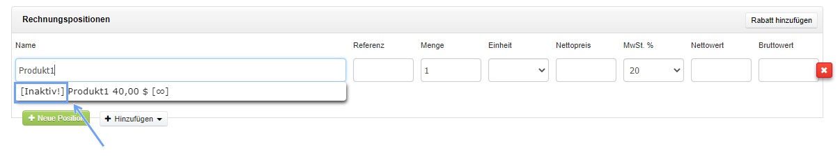 Rechnung mit inaktiven Produkten 2