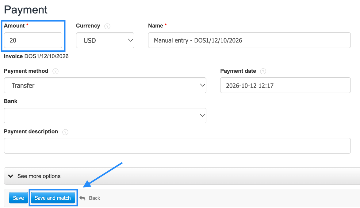Payment form with the amount received and the Save and match button