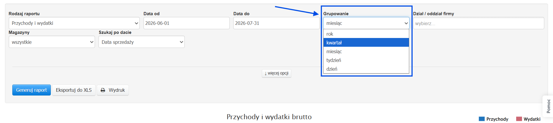 Ustawienia wykresu przychody i wydatki z opcja zmiany grupowania z miesiąc na kwartał.