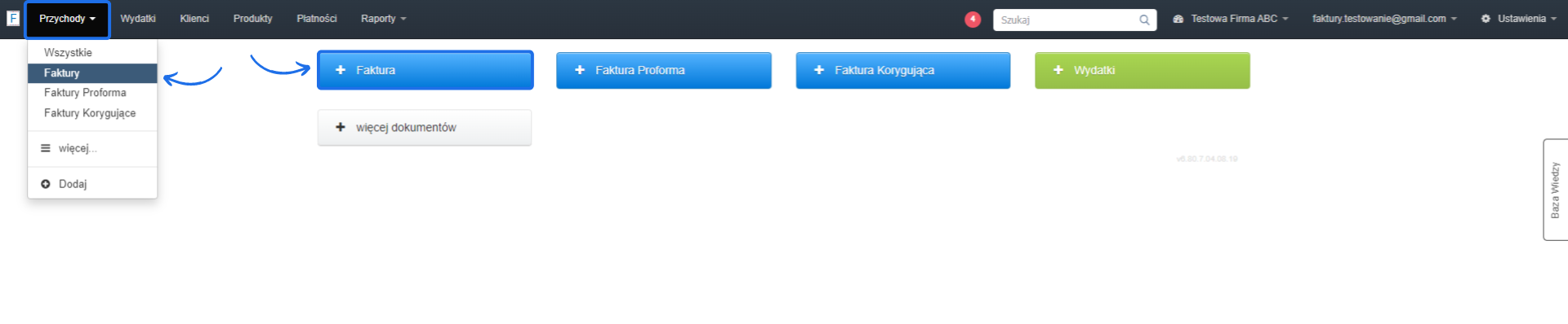 Interfejs Fakturowni pokazujący menu 'Przychody' z wybraną opcją 'Faktury' oraz przyciski do dodania nowej faktury, faktury proforma, faktury korygującej i wydatków.