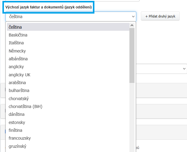 Vychozi jazyk faktur a dokumentu