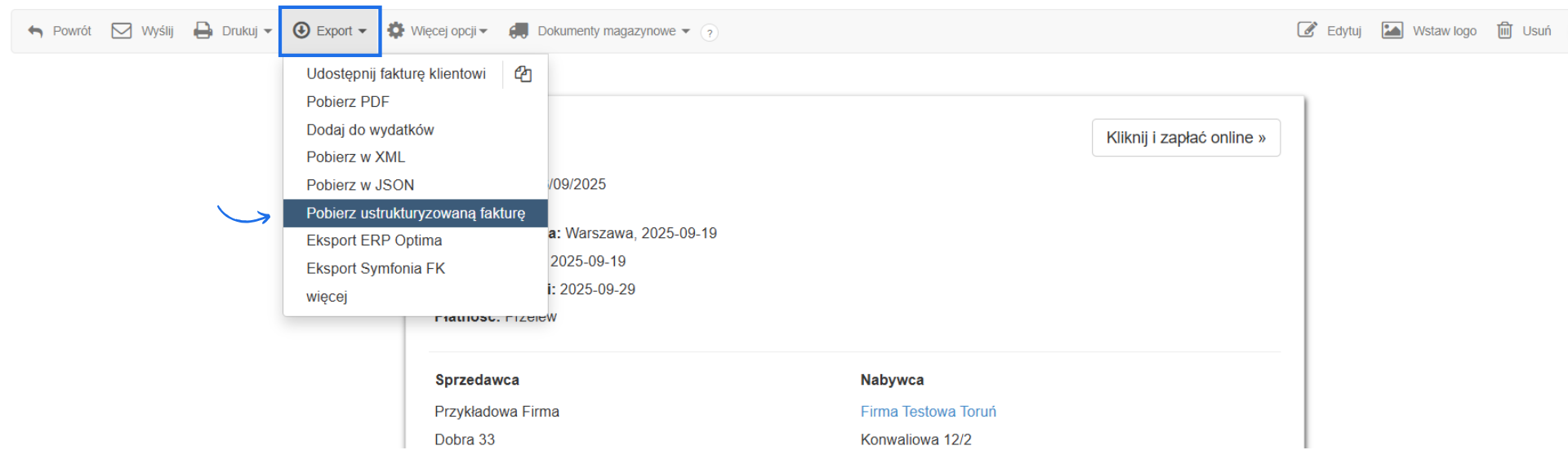 Podgląd faktury sprzedażowej dla testowej firmy z aktywną zakładką eksportu faktury za pomocą opcji pobierz ustrukturyzowaną fakturę.