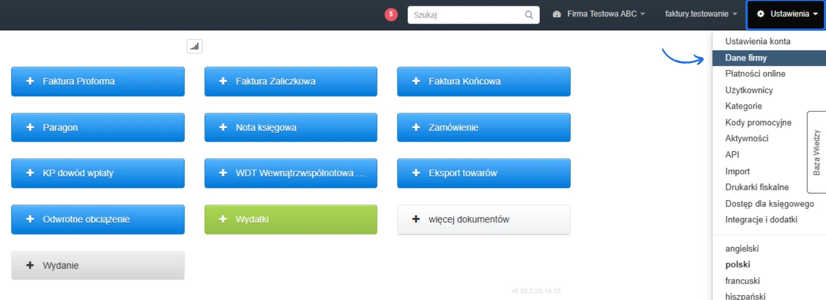 Ekran ustawień z zaznaczoną sekcją 'Dane firmy' w menu nawigacyjnym, umożliwiającą edycję informacji o firmie.