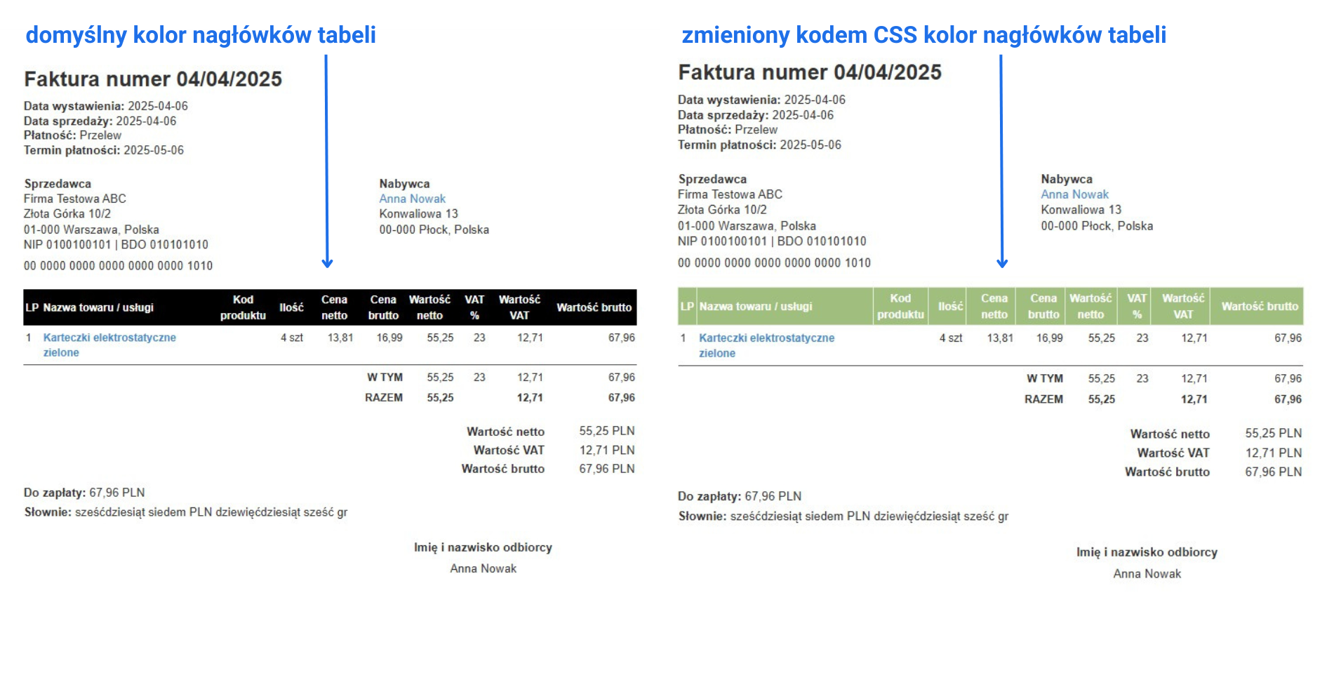 Porównanie faktur z domyślnym i zmodyfikowanym kolorem nagłówków tabel zmienionym za pomocą CSS.