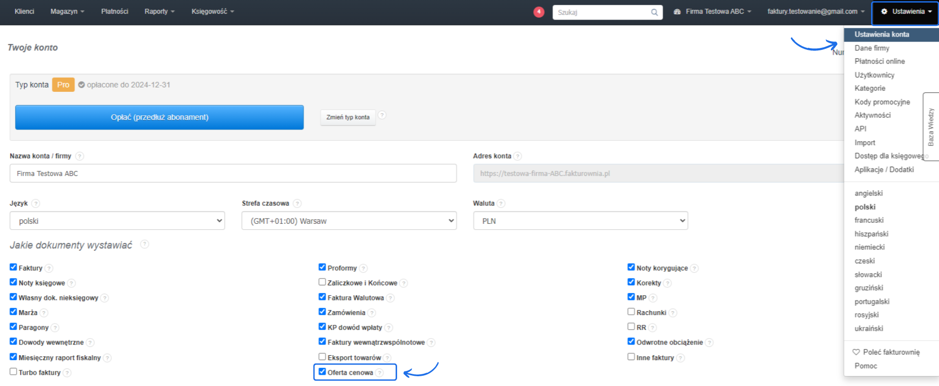 Ekran ustawień konta przedstawiający opcje dotyczące typu konta, szczegółów płatności, języka i preferencji dokumentu.