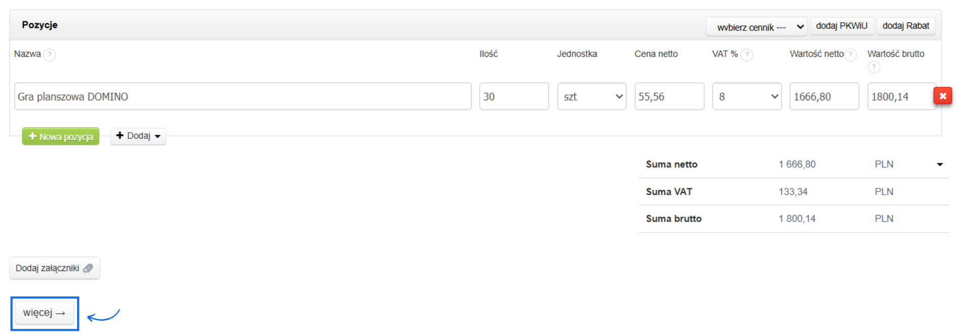 Formularz edycji faktury kosztowej z widocznymi szczegółami pozycji na dokumencie, przyciskiem dodawania załącznika oraz opcję rozwinięcia dodatkowych opcji.