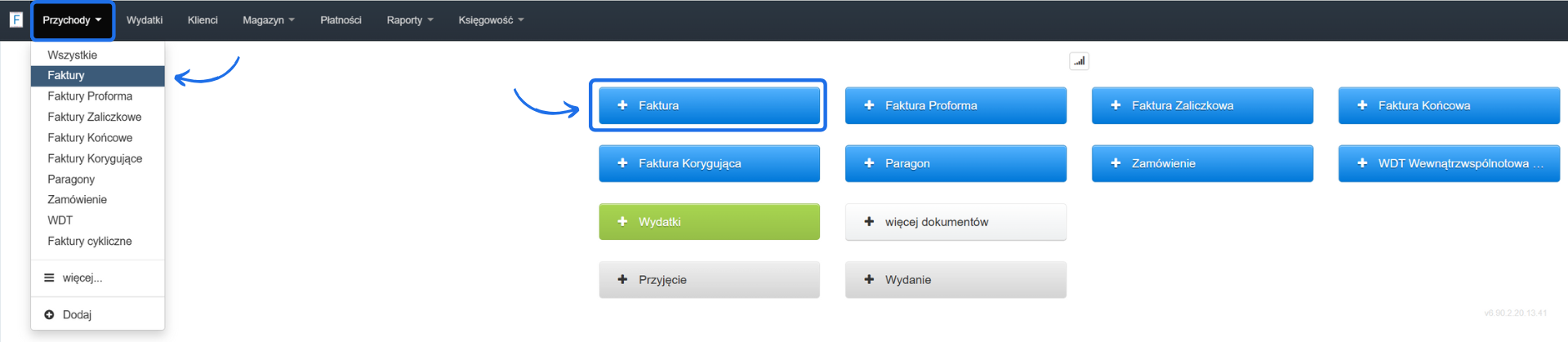 Menu tworzenia dokumentów w module Przychody z wyróżnioną opcją 'Faktura', a także innymi typami dokumentów, jak faktura proforma i zaliczkowa.
