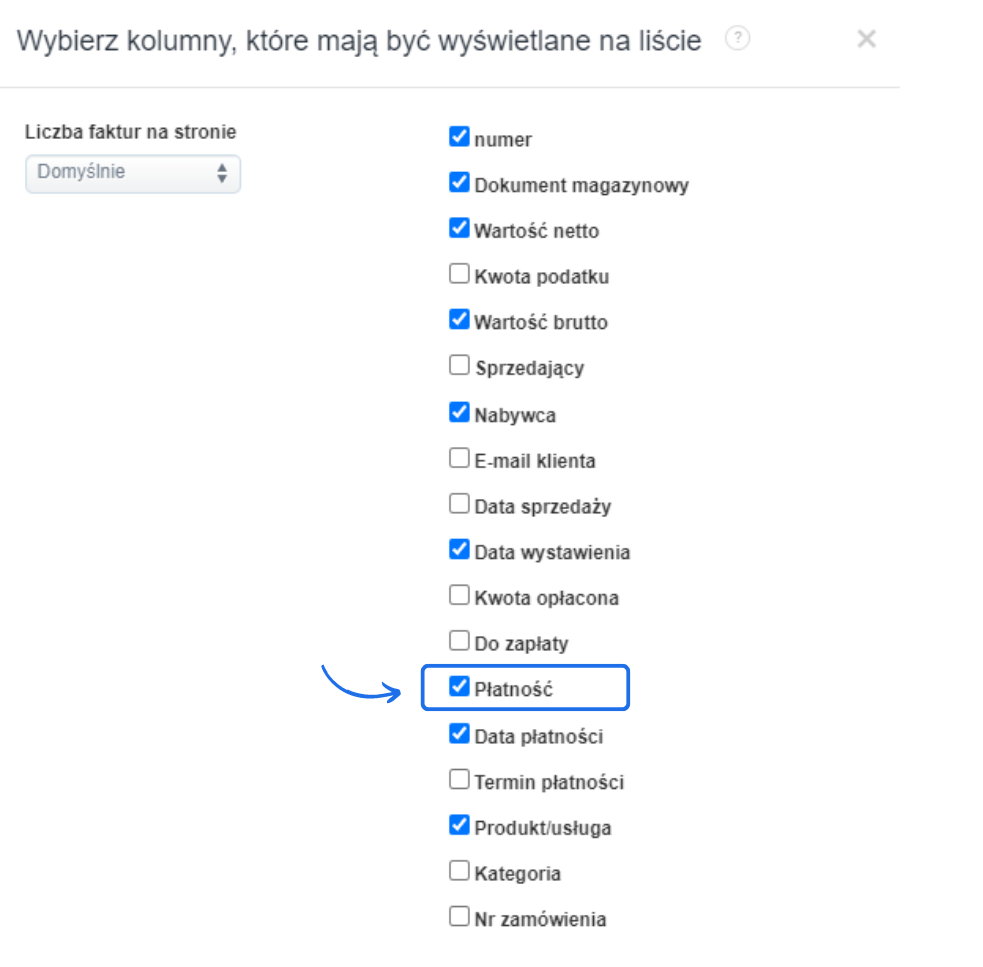 Ekran wyboru kolumn w systemie fakturowania, z zaznaczoną opcją wyświetlania kolumny dotyczącej płatności i innych danych fakturowych.