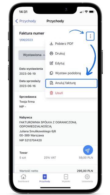 Ekran aplikacji Fakturownia z podglądem faktury – rozwinięte menu opcji, zaznaczona opcja ‘Anuluj fakturę’. Strzałka wskazuje ikonę menu.