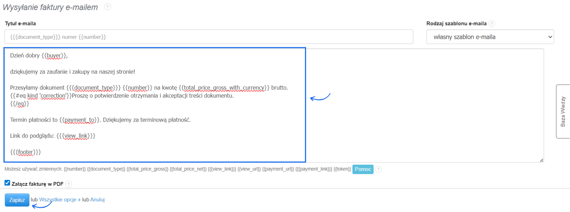 Aktywne pole do ustalenia własnej treści wiadomości wysyłanej mailem z fakturą z systemu Fakturownia ze wskazanymi parametrami na podstawie zmiennych.
