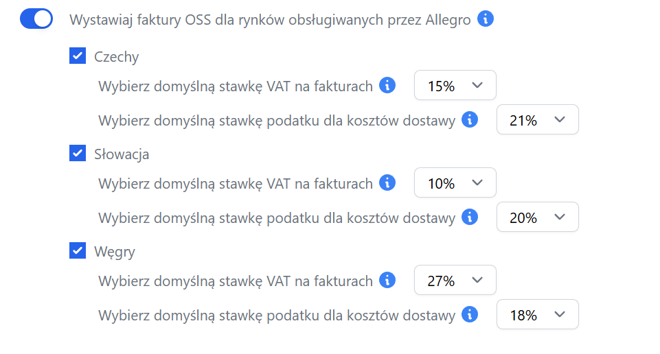 Ustawienia faktur OSS dla rynków czeskiego, słowackiego i węgierskiego obsługiwanych przez Allegro z możliwością wyboru domyślnej stawki VAT na fakturach i stawki dostawy.