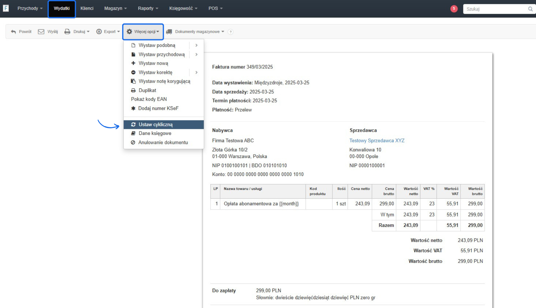 Widok faktury kosztowej w Fakturowni z rozwiniętym menu „Więcej opcji” i zaznaczoną opcją „Ustaw cykliczną” do ustawienia powtarzalnego dokumentu.