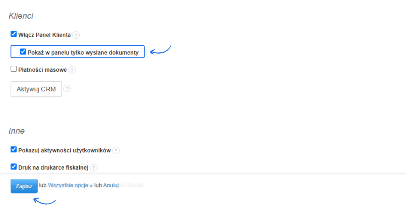 Ustawienia panelu klienta z zaznaczoną opcją „Pokaż tylko wysłane dokumenty” i przyciskiem zapisu konfiguracji.