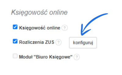 Panel konfiguracji księgowości online w Fakturowni z zaznaczoną opcją rozliczeń ZUS oraz przyciskiem do ich konfiguracji.