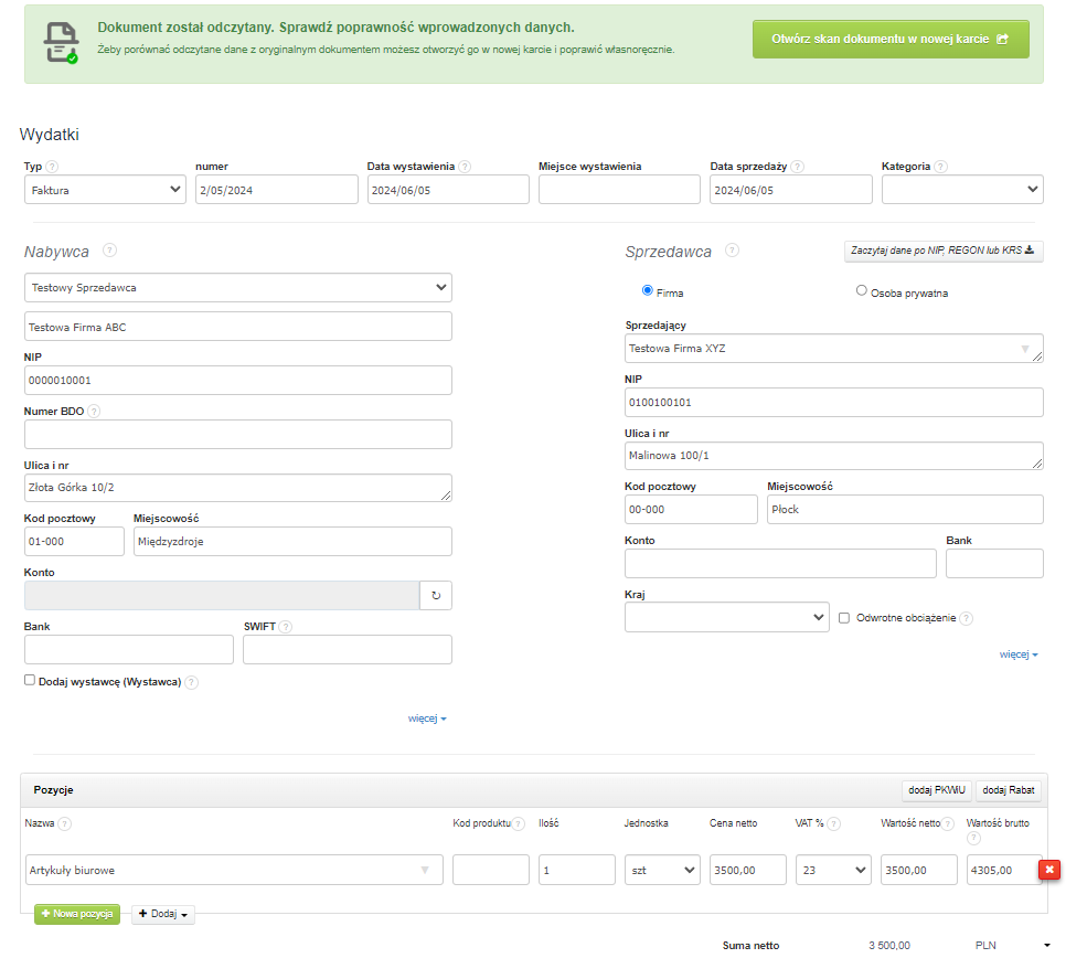 Formularz wydatków w aplikacji Fakturownia z odczytanym skanem faktury, zawierający szczegóły nabywcy i sprzedawcy oraz pozycje faktury.
