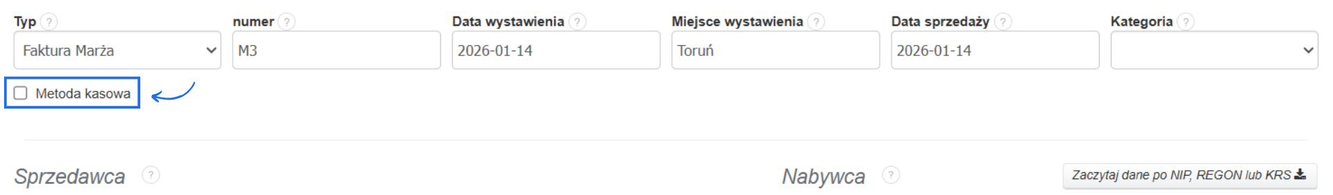 Formularz tworzenia faktury VAT marża z podstawowymi informacjami jak typ dokumentu, numer, data wystawienia i sprzedaży oraz checkbox metoda kasowa.