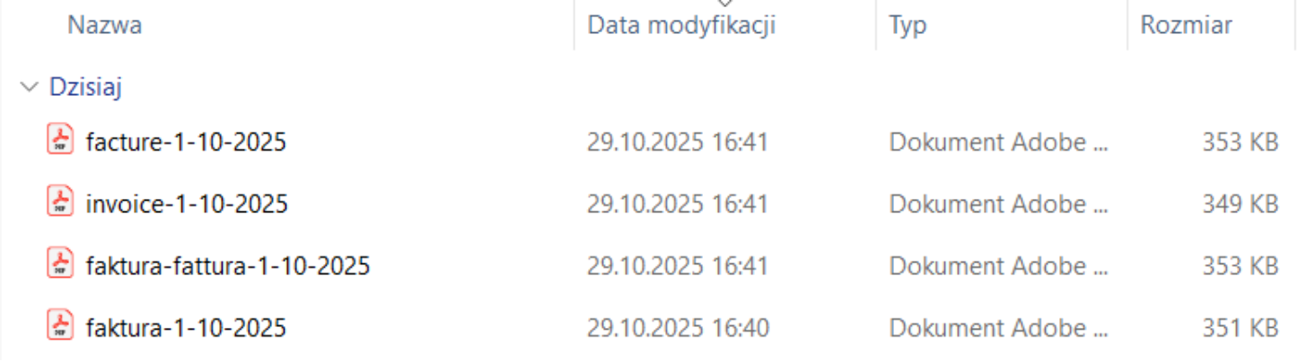 Przykłady nazw pliku PDF z fakturą pobranego z systemu Fakturownia w zależności od języka faktury.