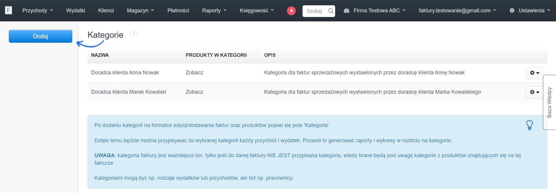Lista kategorii dostępnych na koncie z przyciskiem 'Dodaj' do utworzenia nowej.