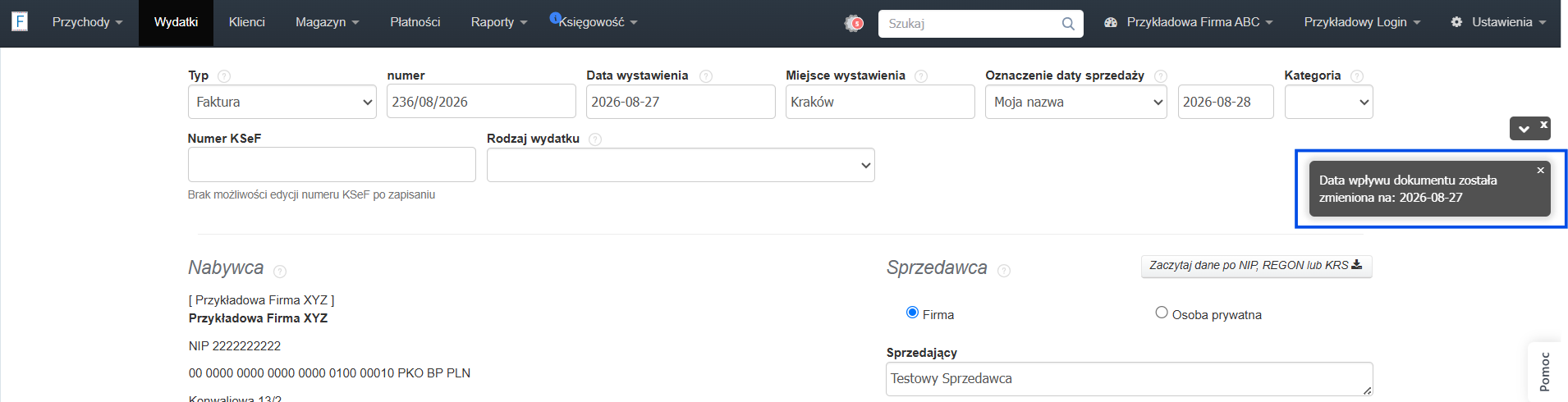 Komunikat systemowy wskazujący na zmianę daty wpływ dokumentu po aktualizacji daty wystawienia wydatku.
