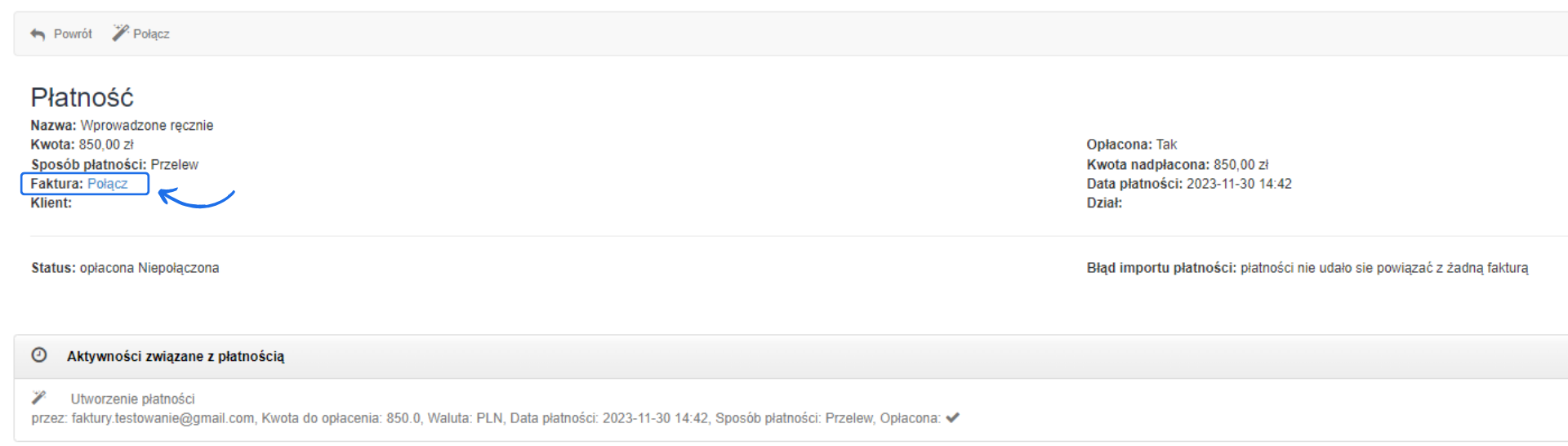 ręczne łączenie płatności w Fakturowni