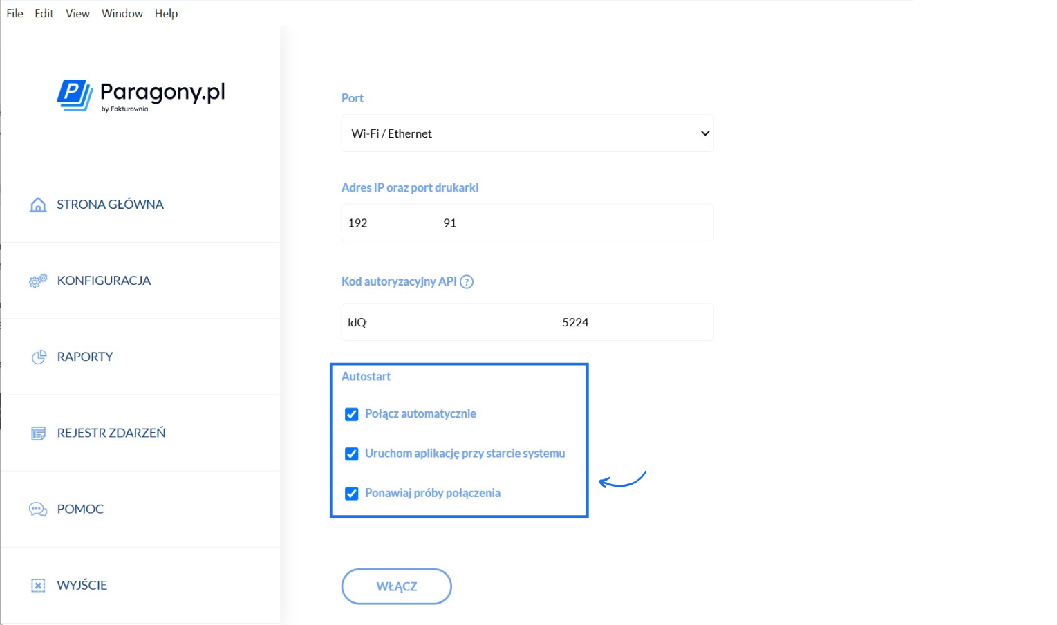 Ekran konfiguracji modułu Paragony.plw Fakturowni z opcją autostartu i połączenia automatycznego oraz polami tekstowymi do ustawień drukarki i wyświetlacza klienta.