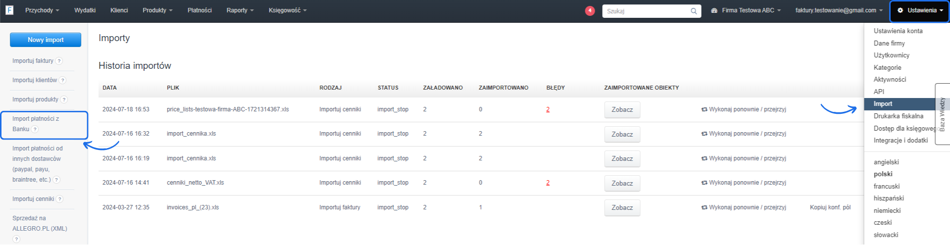 Historia importów w Fakturownia.pl z zaznaczoną opcją 'Import płatności z Banku' i szczegółami dotyczącymi plików oraz błędów importu.