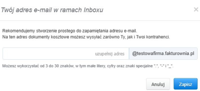 Okno konfiguracji Inboxu, w którym użytkownik wpisuje adres e-mail do ustawienia na konto fakturowania, z opcją zapisania.