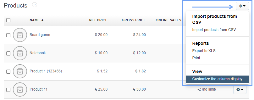 Column display products
