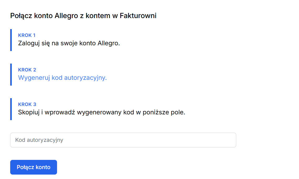 Lista 3 kroków do wykonania w celu połączenia konta w Allegro z kontem w Fakturowni wraz z linkiem do wygenerowania kodu autoryzacyjnego.