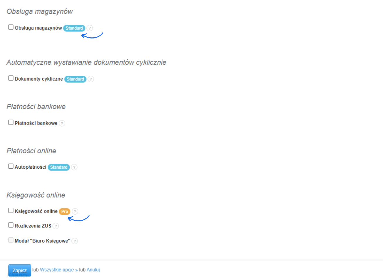 Widok konfiguracji Fakturowni z zaznaczonymi opcjami: Obsługa magazynów, Dokumenty cykliczne, Płatności bankowe, Autopłatności i Księgowość online. Przyciski 'Zapisz' i 'Wszystkie opcje' na dole strony.
