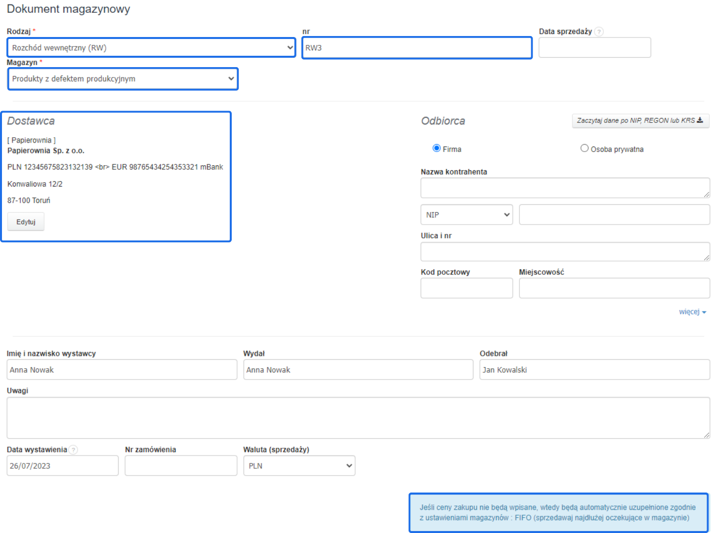 Formularz tworzenia dokumentu magazynowego RW z ustawieniami dostawcy, odbiorcy, magazynu oraz datą wystawienia i szczegółami transakcji.
