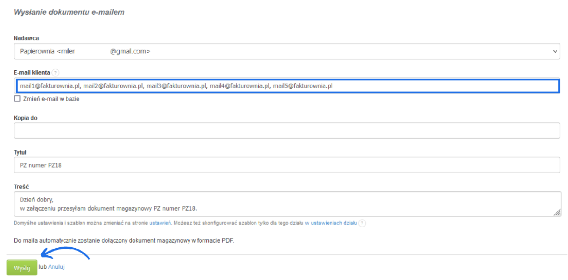 Formularz wysyłki dokumentu magazynowego PZ18 na e-mail klienta z przyciskiem Wyślij i polem tytułu
