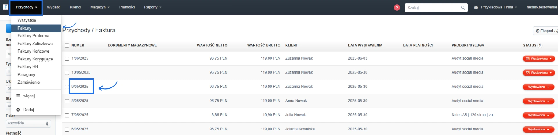 Lista faktur w zakładce „Przychody” z widoczną pozycją faktury numer 9/05/2025 i statusem „Wystawiona”.