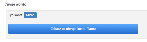 Sekcja 'Twoje konto' w Fakturowni z informacją o typie konta 'Micro' oraz przyciskiem 'Zobacz co oferują konta Płatne'.