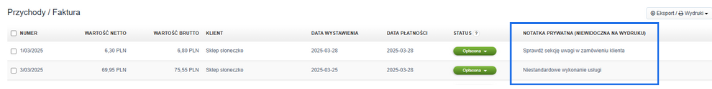 Widok listy faktur z kolumną "Notatka prywatna", zawierającą informacje niewidoczne na wydruku, np. "Sprawdź sekcję uwag klienta".
