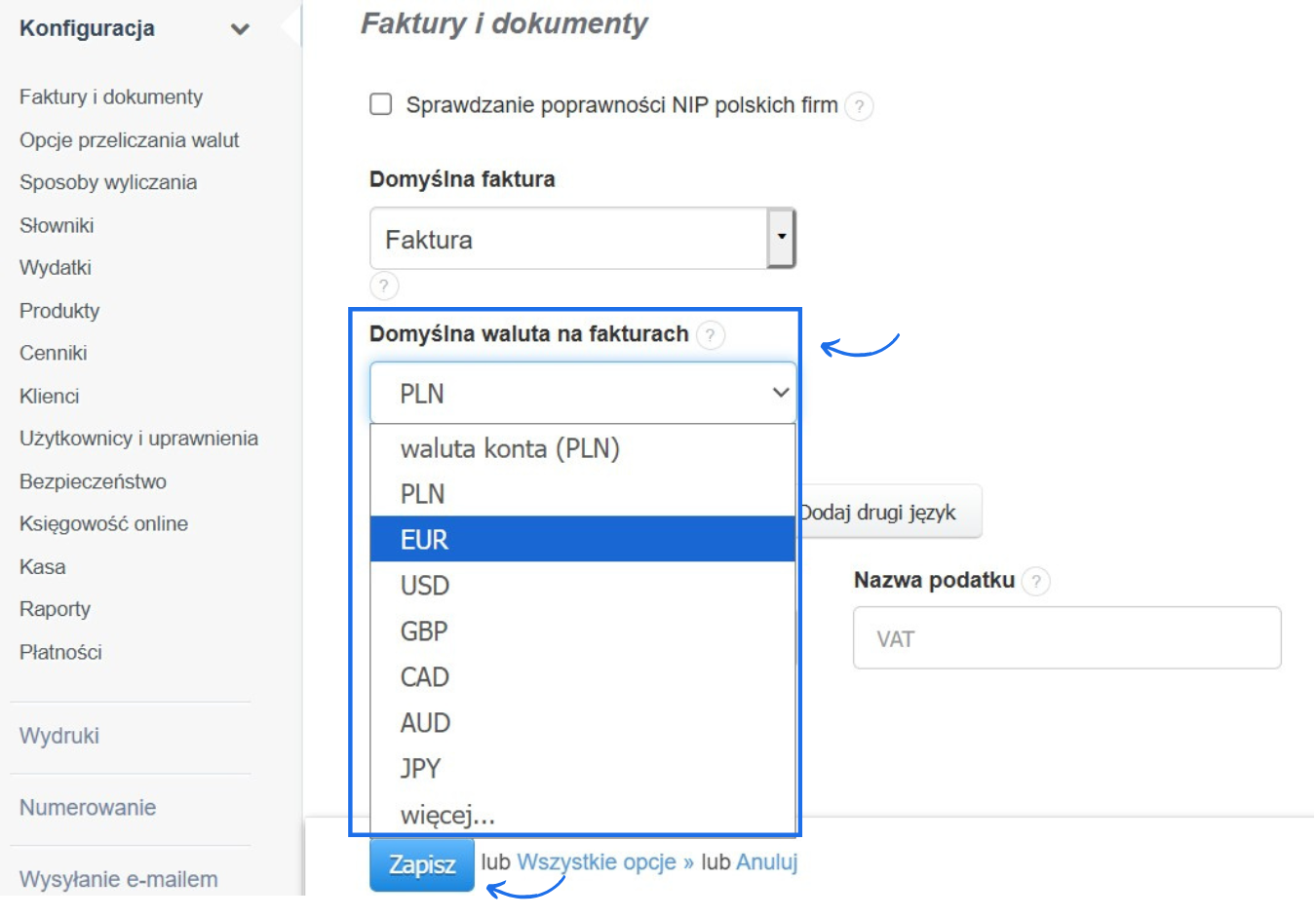 Pole domyslna waluta na fakturach z możliwością wyboru waluty domyślnej dokumentów.