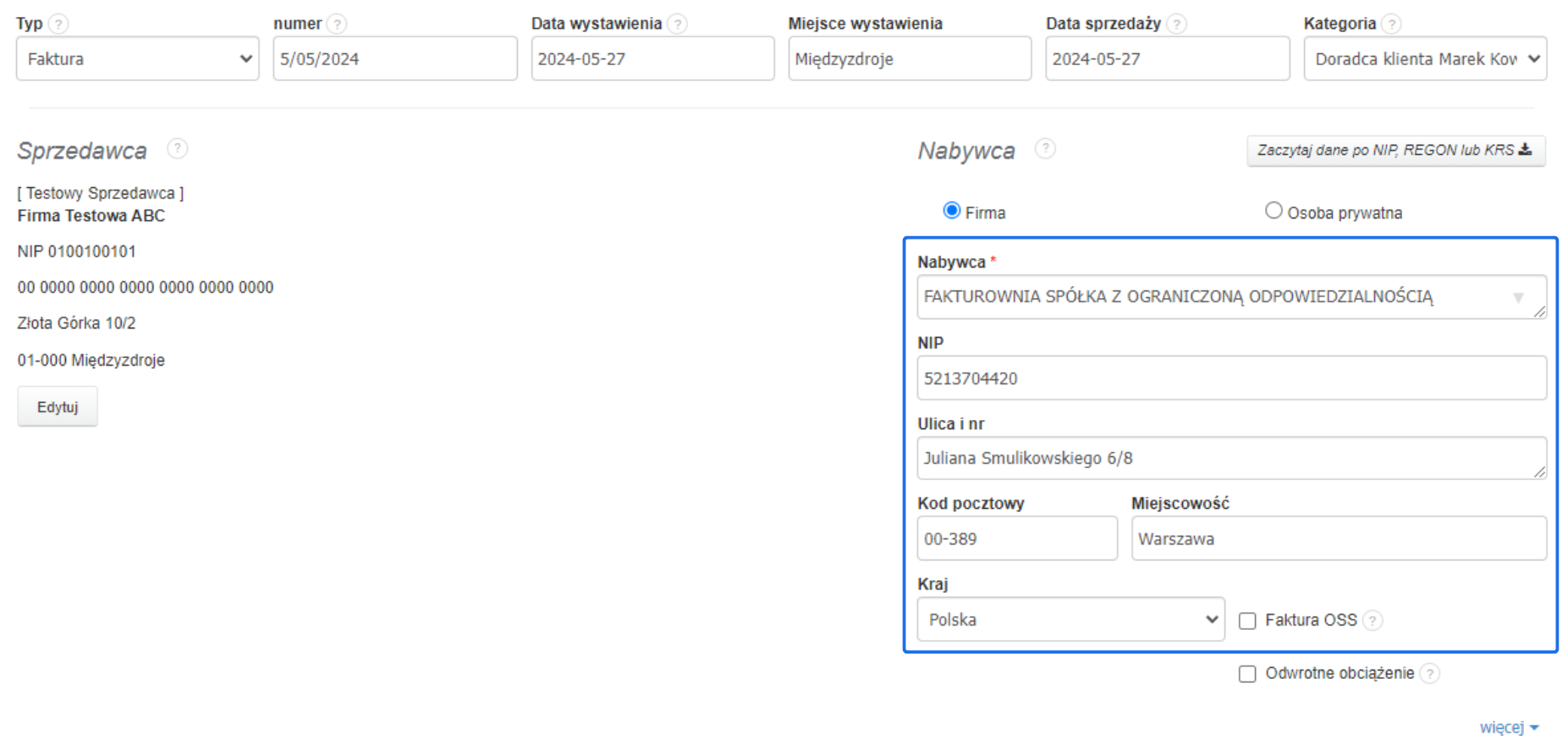 Formularz faktury w Fakturowni z wypełnionymi danymi nabywcy pobranymi z bazy GUS, w tym nazwa firmy, NIP, adres, kod pocztowy i miejscowość.