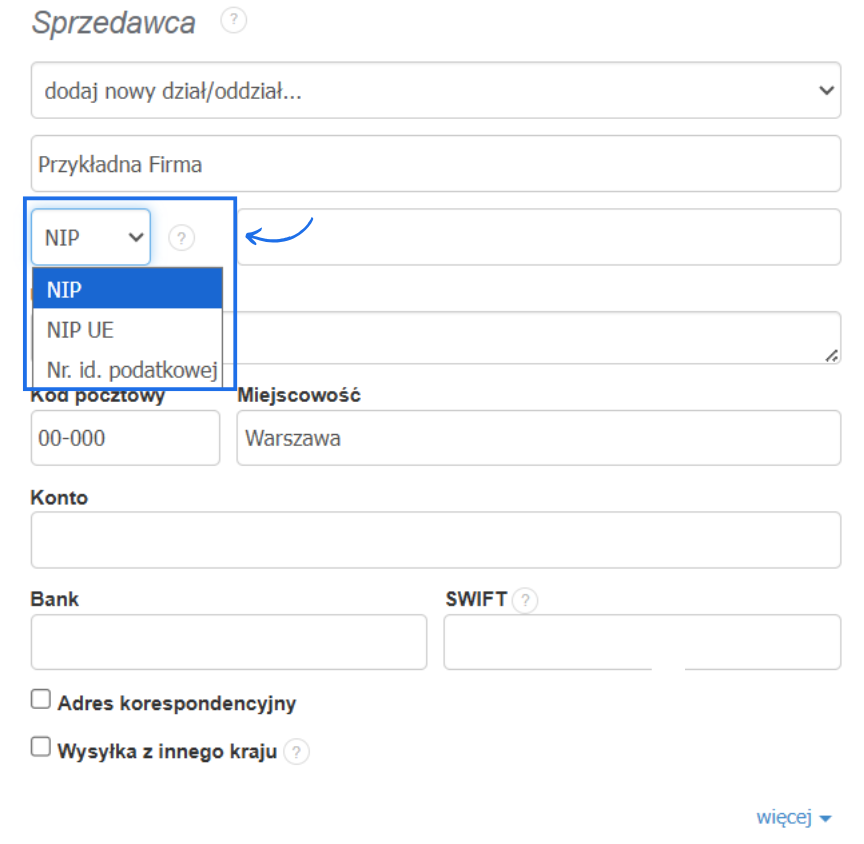 Formularz danych sprzedawcy z rozwijanym menu identyfikatora ustawionym na NIP oraz polami do uzupełnienia adresu i informacji bankowych.
