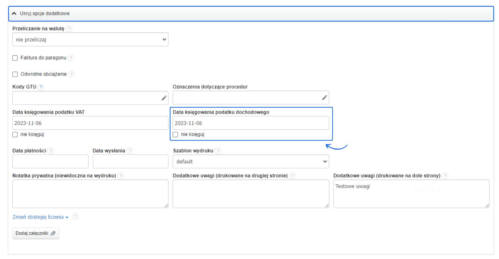 Formularz opcji dodatkowych w systemie z zaznaczoną datą księgowania podatku dochodowego oraz przyciskiem zapisz, z widocznymi opcjami dotyczącymi płatności i pozostałymi szczegółami dokumentu.