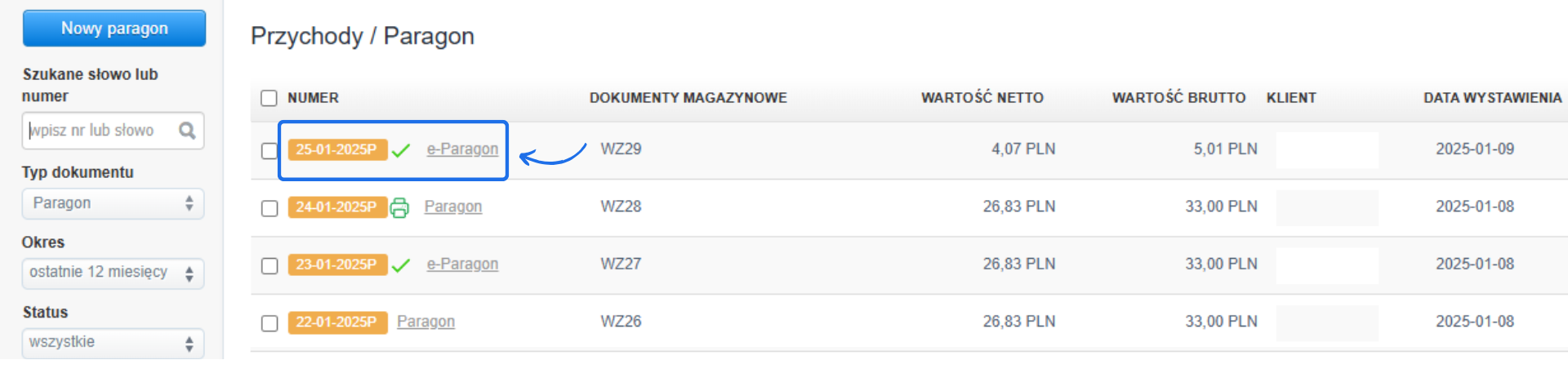Lista paragonów w systemie Fakturownia z widoczną opcją e-paragonu i powiązanym dokumentem magazynowym.