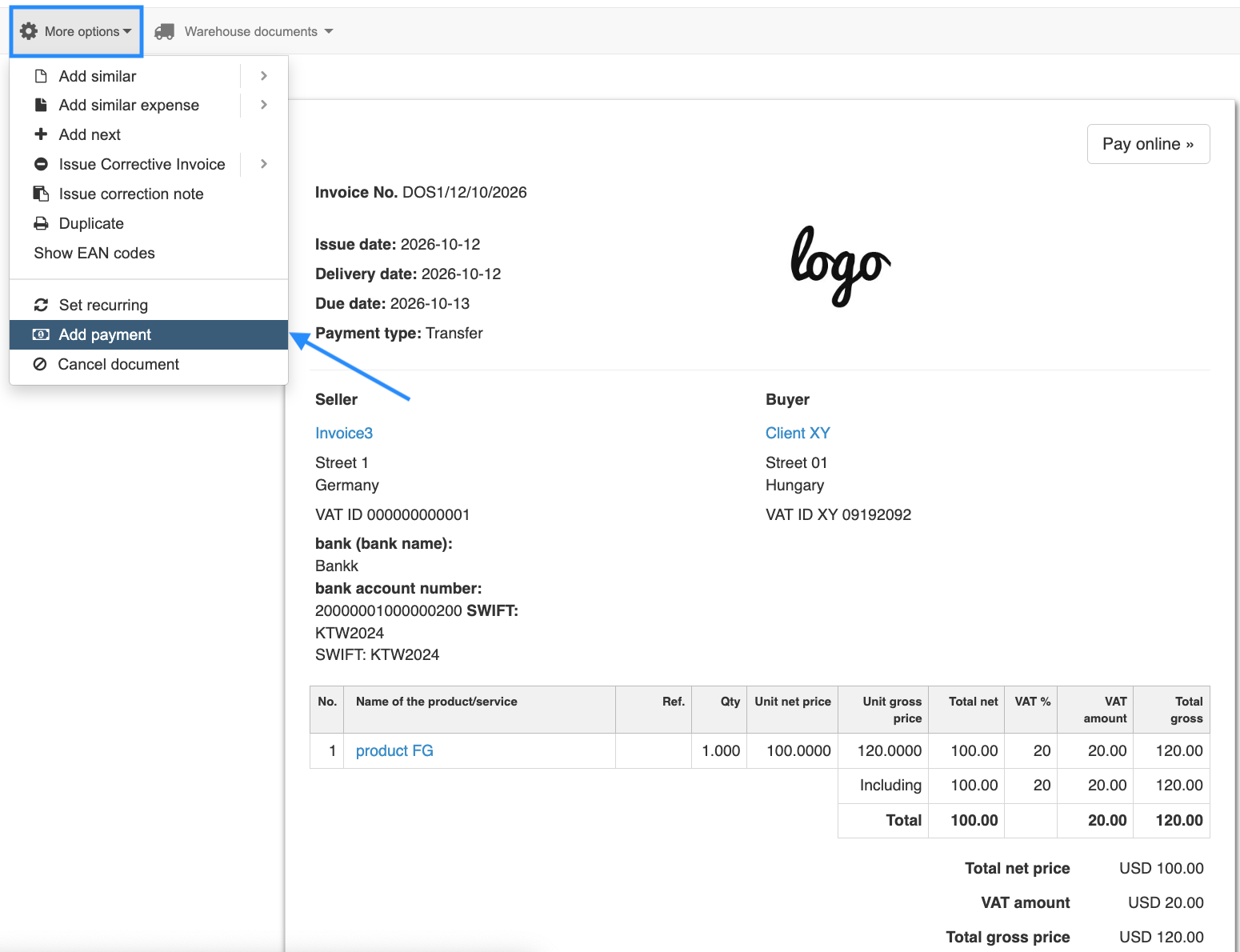 Add payment option in the More options menu above the invoice preview