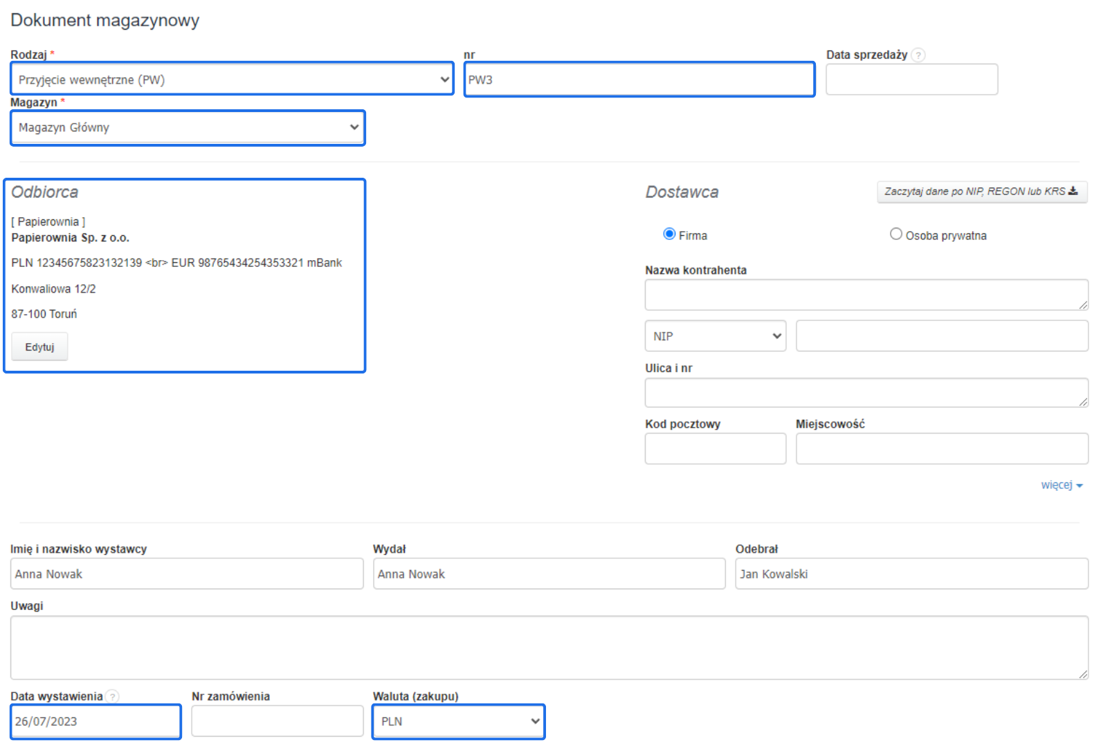 Formularz dodawania dokumentu magazynowego z wybranym rodzajem 'Przyjęcie wewnętrzne (PW)' i magazynem 'Magazyn Główny'. Widoczne pola odbiorcy i dostawcy.