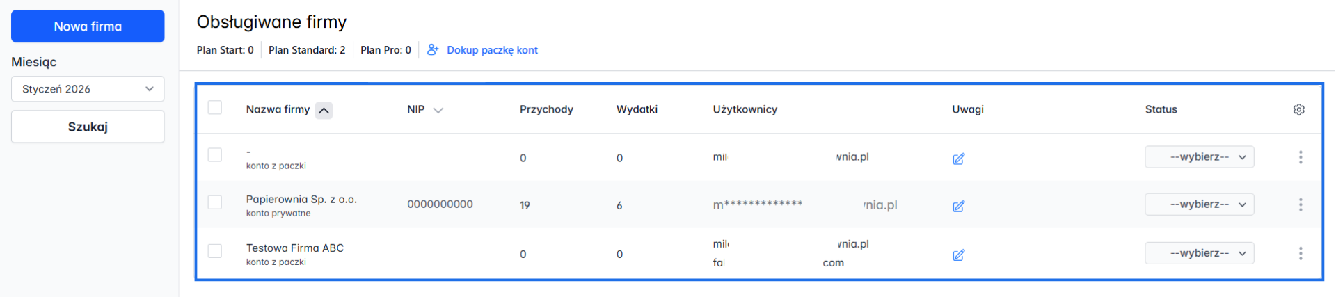 Lista obsługiwanych firm dostępna w panelu biura z podstawowymi danymi o koncie.