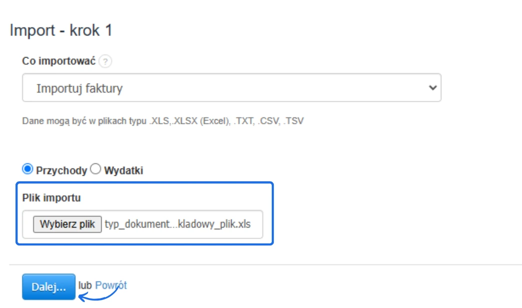 Panel importu danych z możliwością wyboru pliku XLS lub CSV do zaimportowania faktur lub wydatków w systemie księgowym online.
