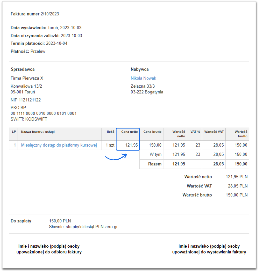 Przykładowa faktura sprzedażowa z ceną jednostkową netto na wydruku dokumentu za dostęp do platformy kursowej.
