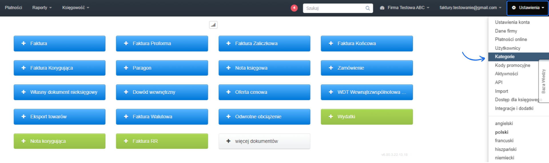 Panel główny Fakturowni z widocznymi opcjami tworzenia dokumentów, takich jak faktura, faktura proforma, faktura zaliczkowa, oraz menu 'Ustawienia' z rozwiniętą opcją 'Kategorie'.