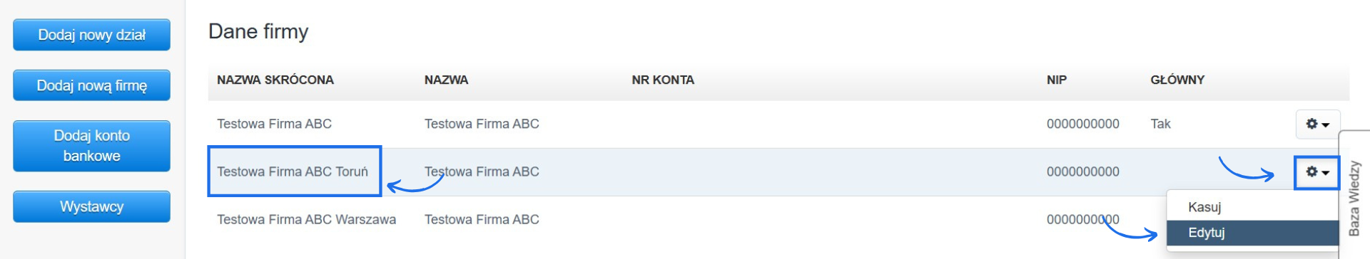 Lista działów dodanych w systemie do fakturowania z aktywną opcją przejścia do edycji danych.