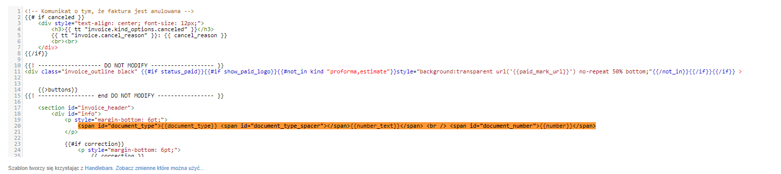 Zrzut ekranu przedstawiający fragment kodu szablonu faktury w programie Fakturownia z użyciem Handlebars, z wyróżnioną sekcją kodu zawierającą ID document_type, ze zmianą dodającą tag br.