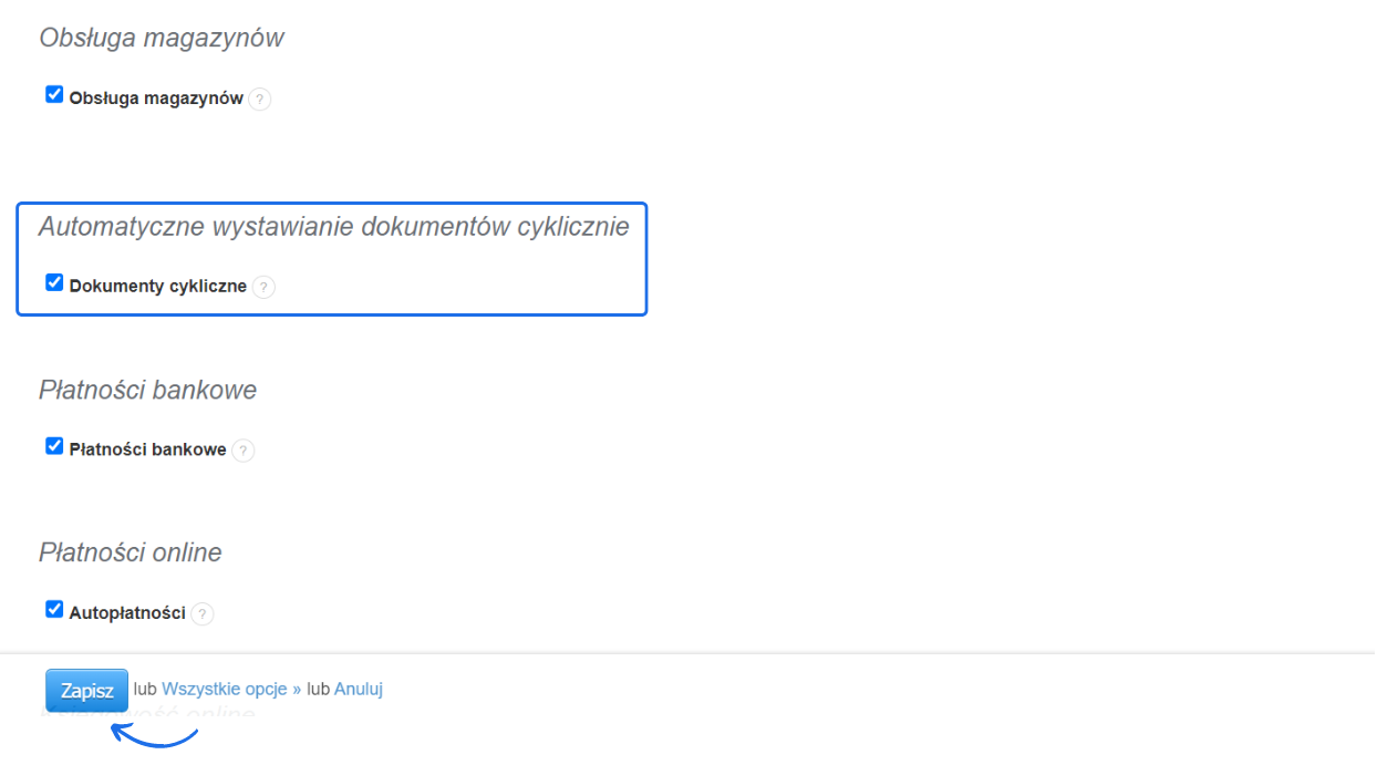 Ustawienia systemu dla automatycznego wystawiania dokumentów cyklicznych z zaznaczoną opcją 'Dokumenty cykliczne'.